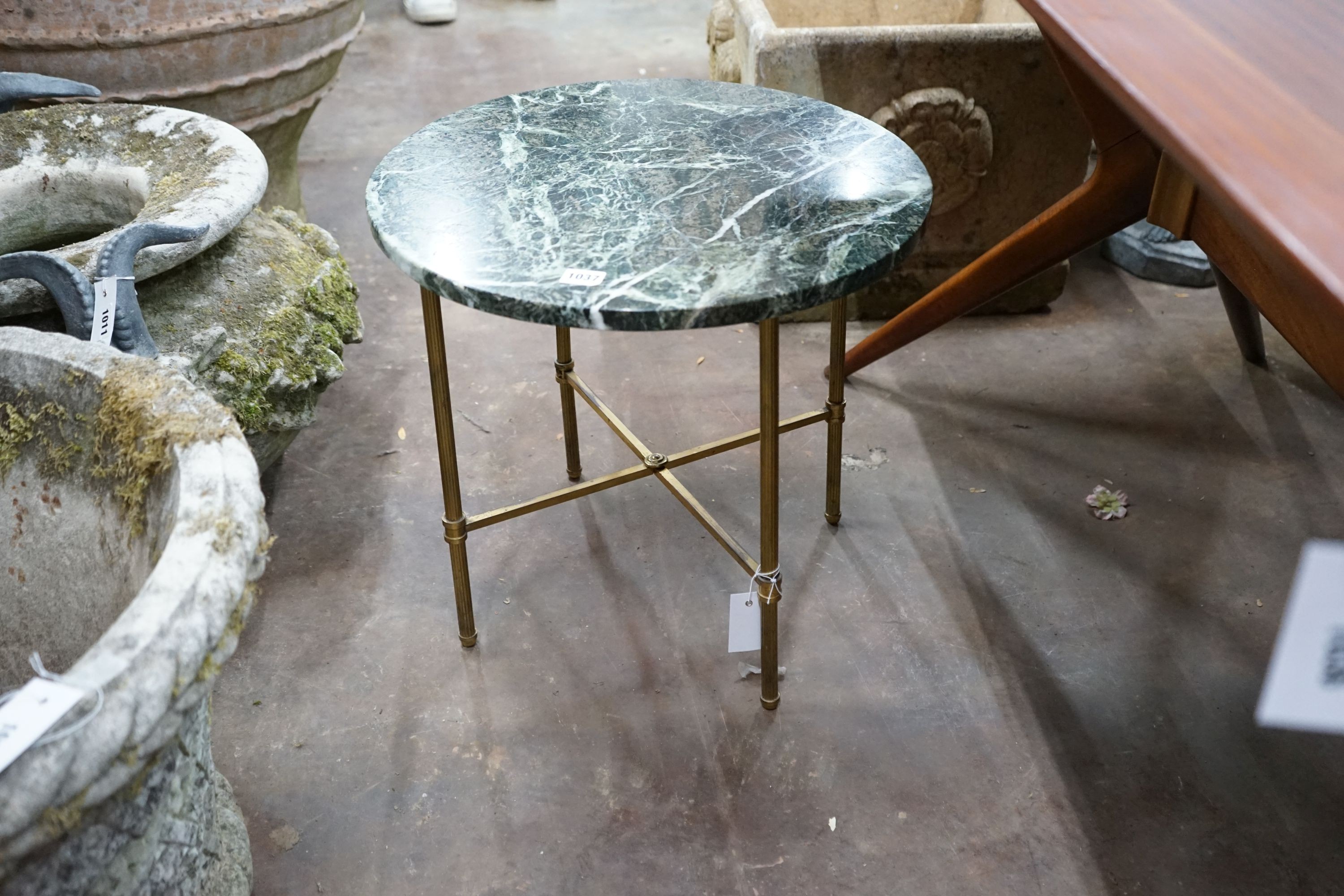 A Maison Jansen style circular brass marble topped occasional table, diameter 49cm, height 46cm
